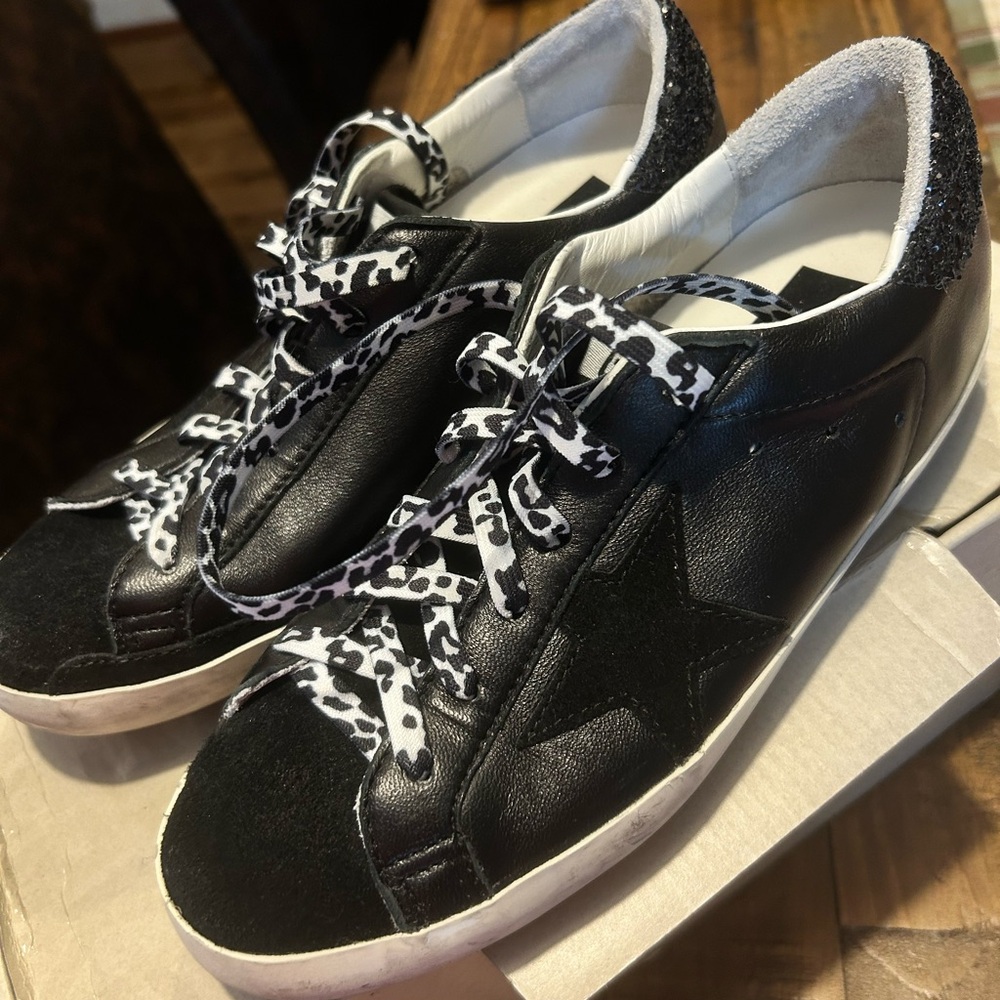 Golden Goose Black Leather Sneakers with White Leopard Laces and Glitter Heel